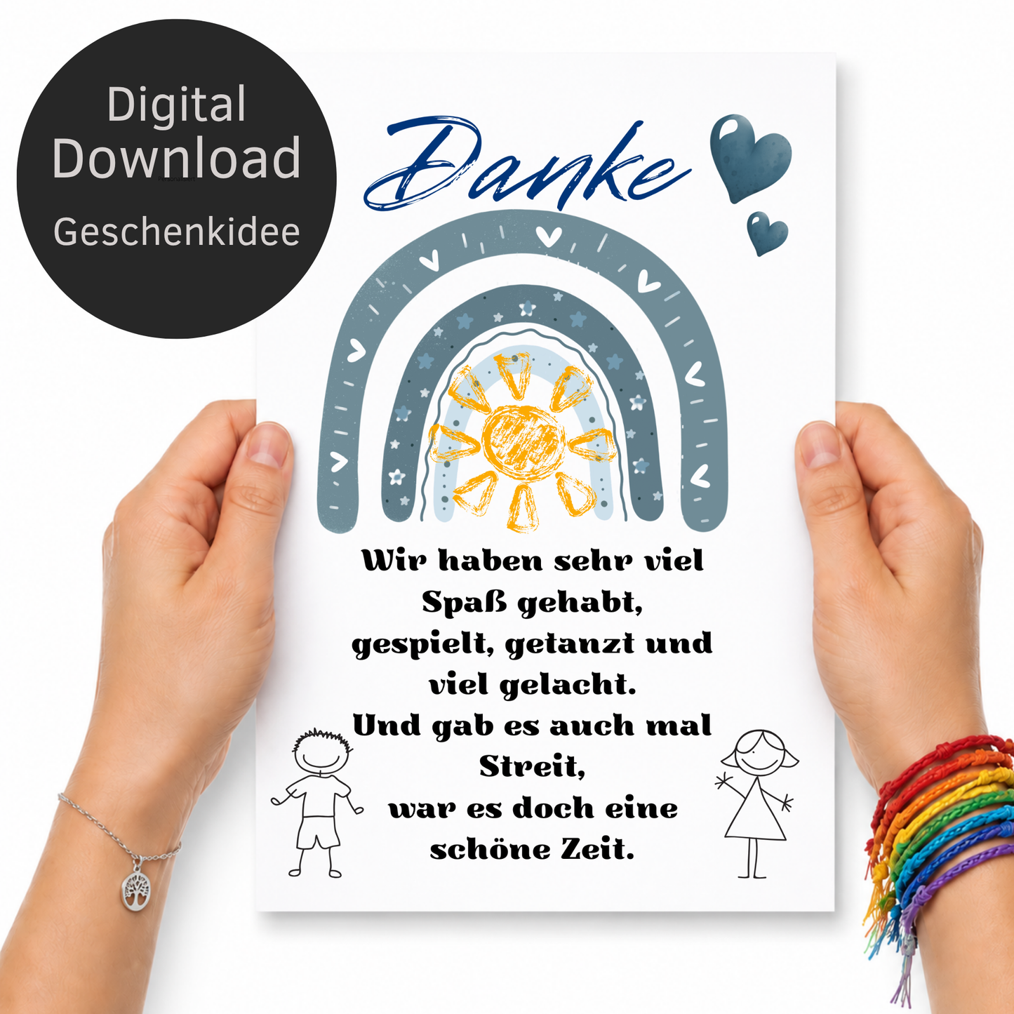 Abschied Erzieherin Poster als Digital Download mit Regenbogen, Sonne, Herzen und Dankespruch in Blau Grau für Kindergarten Abschied Geschenk zum Ausdrucken