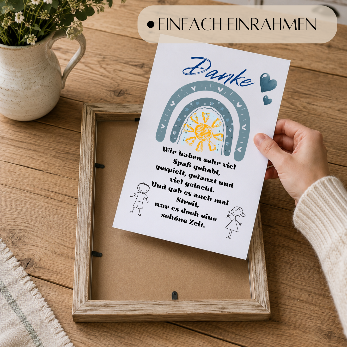 Abschied Erzieherin Poster als Digital Download mit Regenbogen, Sonne, Herzen und Dankespruch in Blau Grau für Kindergarten Abschied Geschenk zum Ausdrucken