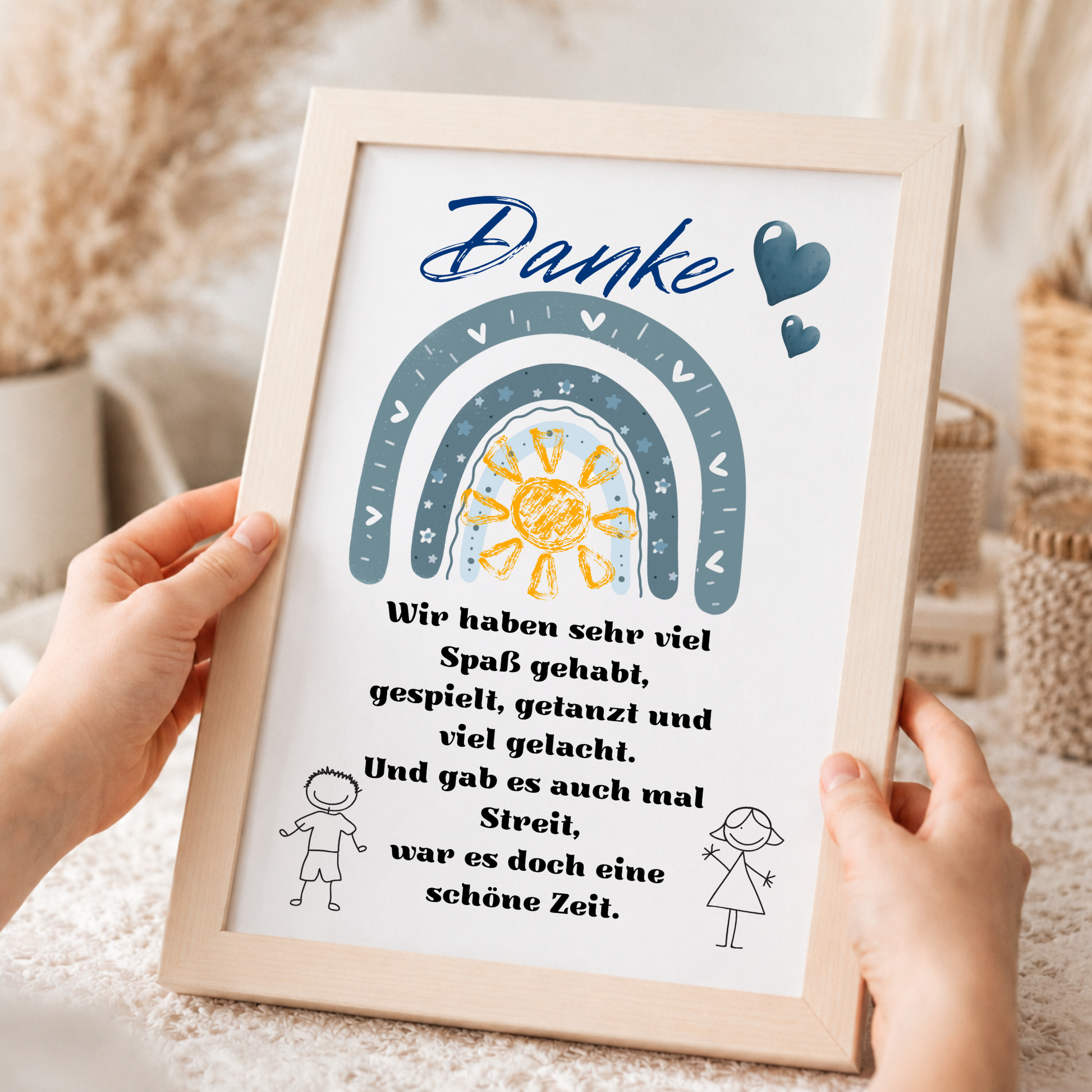 Abschied Erzieherin Poster als Digital Download mit Regenbogen, Sonne, Herzen und Dankespruch in Blau Grau für Kindergarten Abschied Geschenk zum Ausdrucken