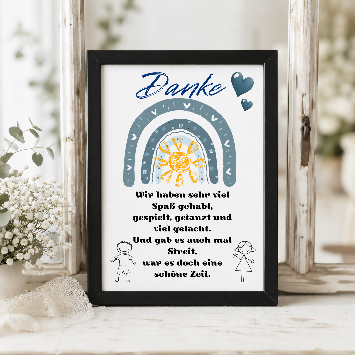 Abschied Erzieherin Poster als Digital Download mit Regenbogen, Sonne, Herzen und Dankespruch in Blau Grau für Kindergarten Abschied Geschenk zum Ausdrucken