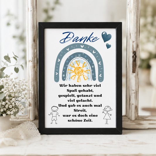 Abschied Erzieherin Poster als Digital Download mit Regenbogen, Sonne, Herzen und Dankespruch in Blau Grau für Kindergarten Abschied Geschenk zum Ausdrucken