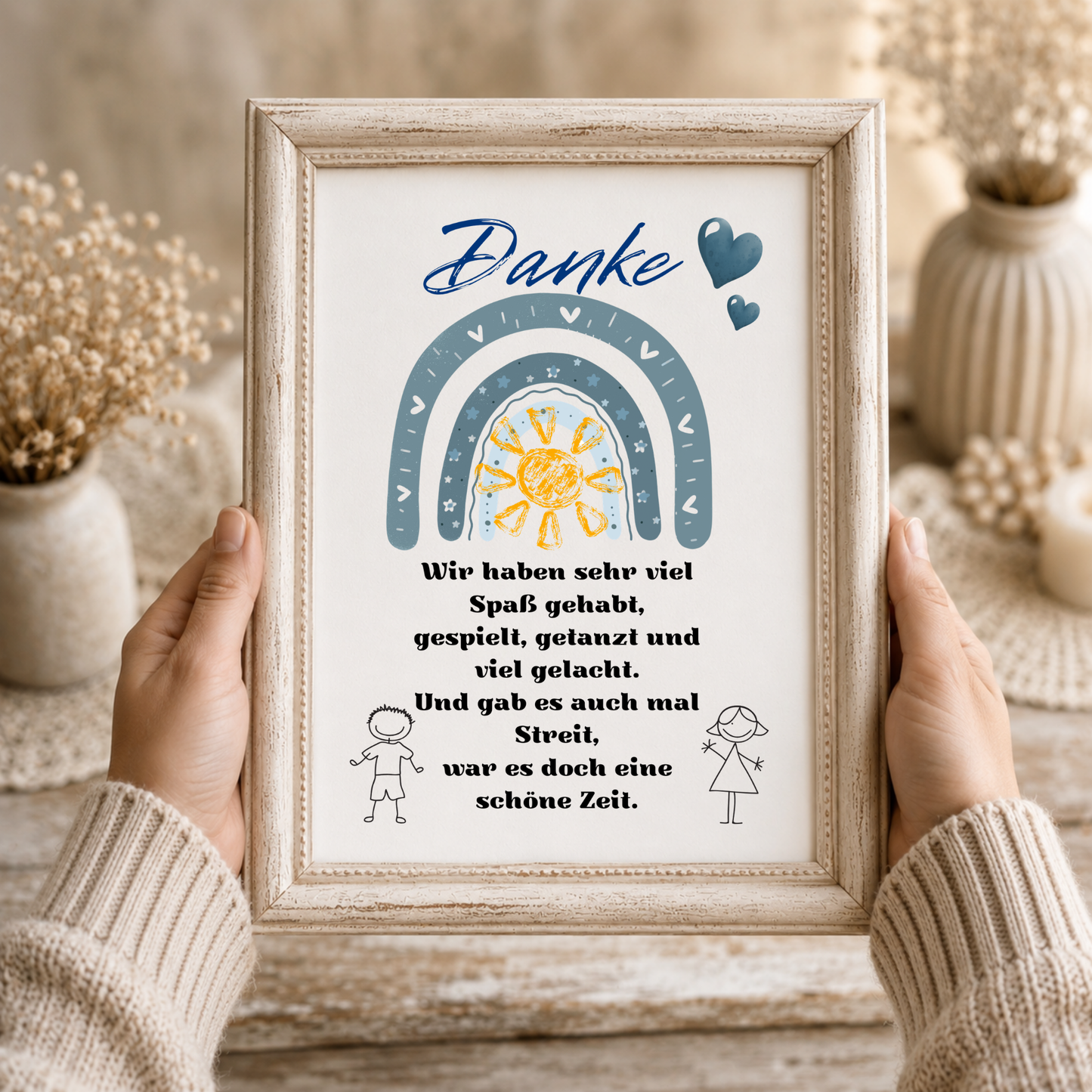 Abschied Erzieherin Poster als Digital Download mit Regenbogen, Sonne, Herzen und Dankespruch in Blau Grau für Kindergarten Abschied Geschenk zum Ausdrucken