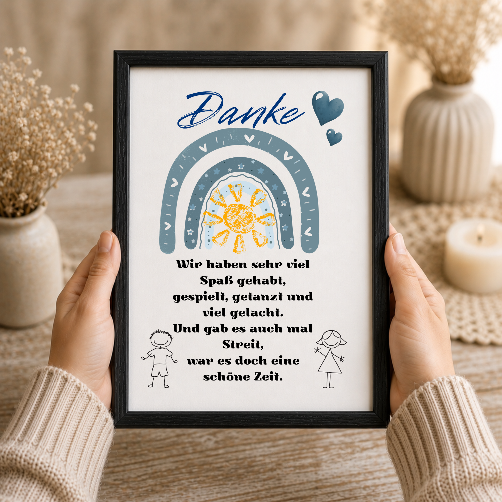 Abschied Erzieherin Poster als Digital Download mit Regenbogen, Sonne, Herzen und Dankespruch in Blau Grau für Kindergarten Abschied Geschenk zum Ausdrucken