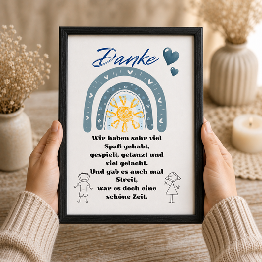 Abschied Erzieherin Poster als Digital Download mit Regenbogen, Sonne, Herzen und Dankespruch in Blau Grau für Kindergarten Abschied Geschenk zum Ausdrucken