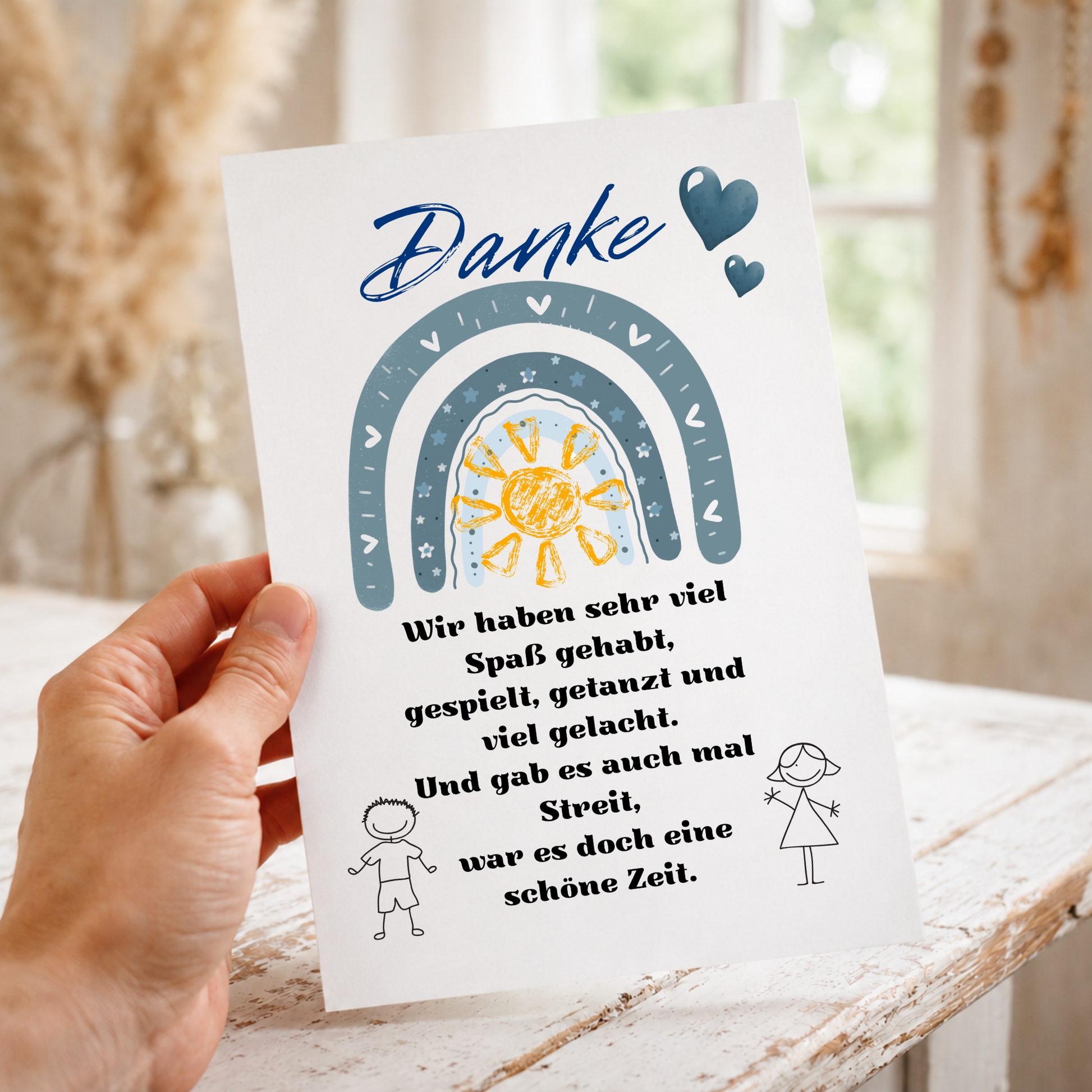 Abschied Erzieherin Poster als Digital Download mit Regenbogen, Sonne, Herzen und Dankespruch in Blau Grau für Kindergarten Abschied Geschenk zum Ausdrucken