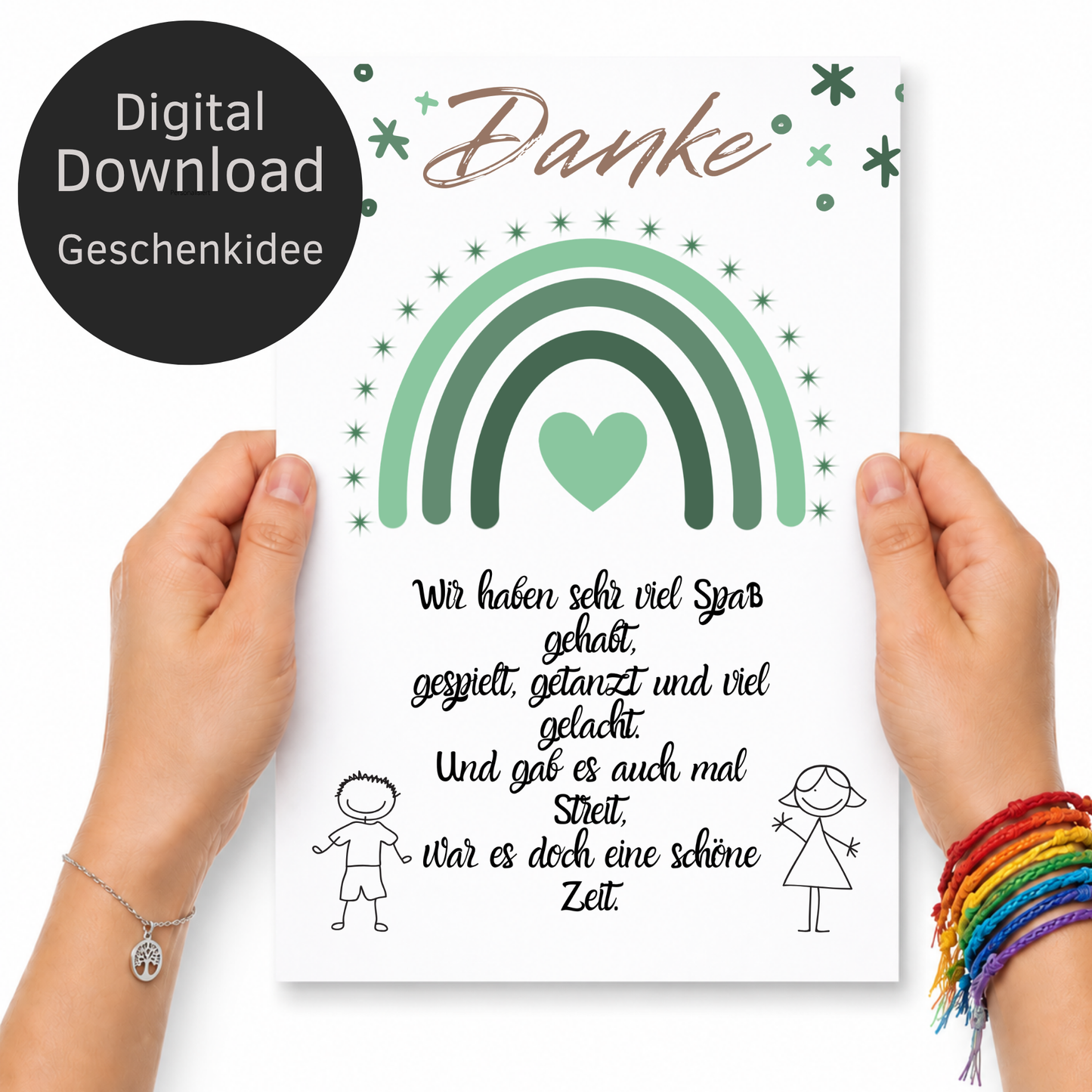 Abschied Erzieherin Poster als Digital Download mit grünem Regenbogen, Herzmotiv und Danke Spruch im Boho Stil für Kindergarten Abschied Geschenk DIN A4 Printable