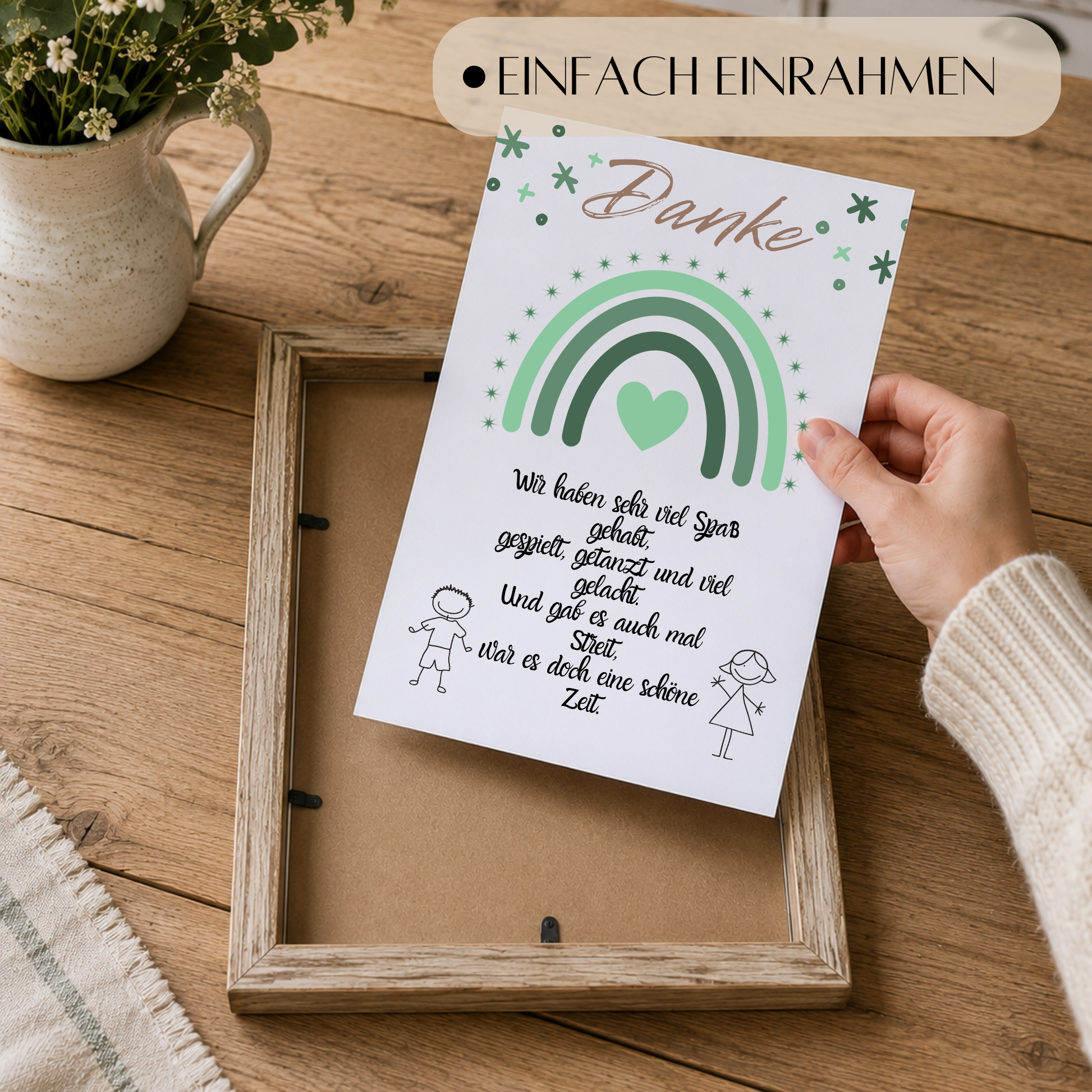 Abschied Erzieherin Poster als Digital Download mit grünem Regenbogen, Herzmotiv und Danke Spruch im Boho Stil für Kindergarten Abschied Geschenk DIN A4 Printable