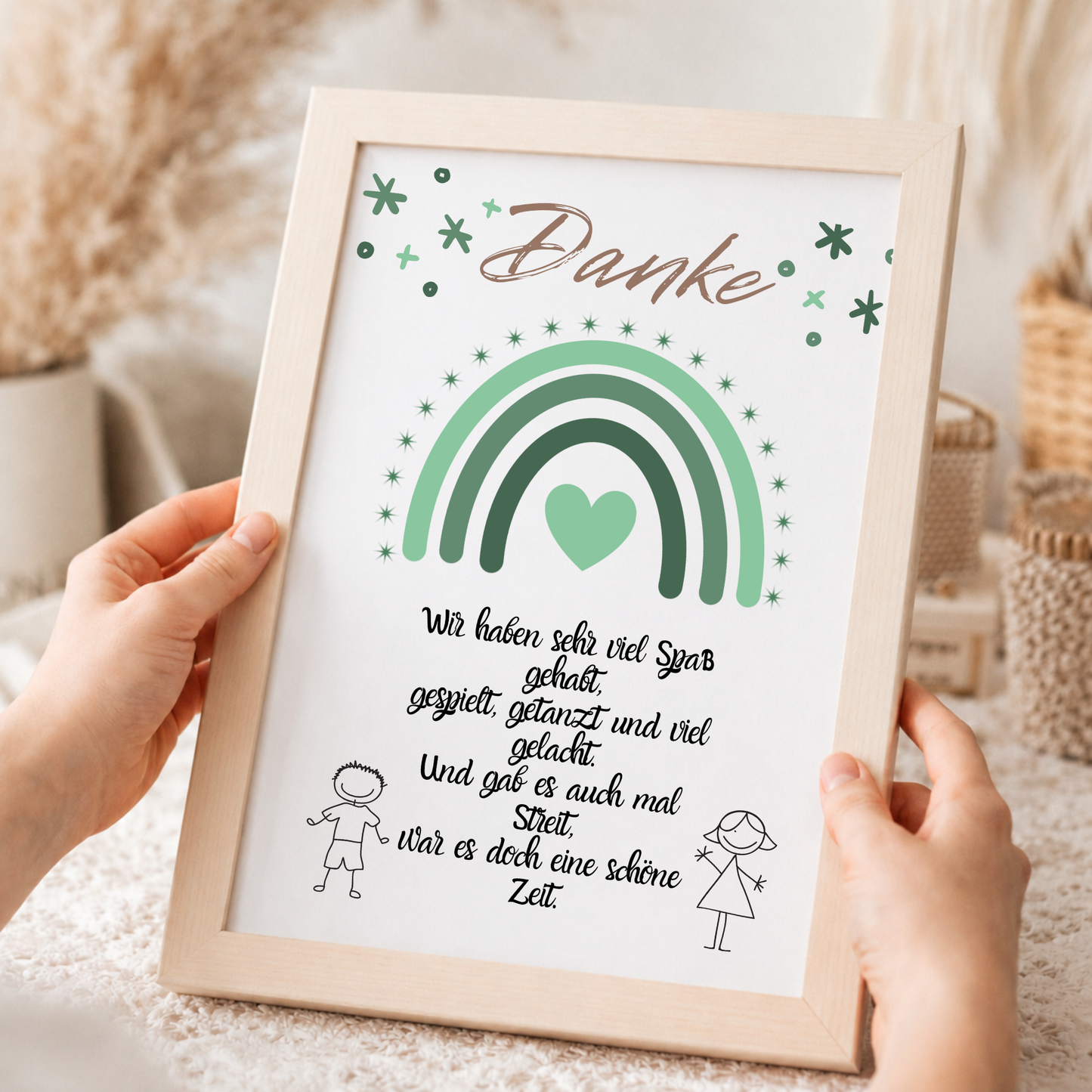Abschied Erzieherin Poster als Digital Download mit grünem Regenbogen, Herzmotiv und Danke Spruch im Boho Stil für Kindergarten Abschied Geschenk DIN A4 Printable