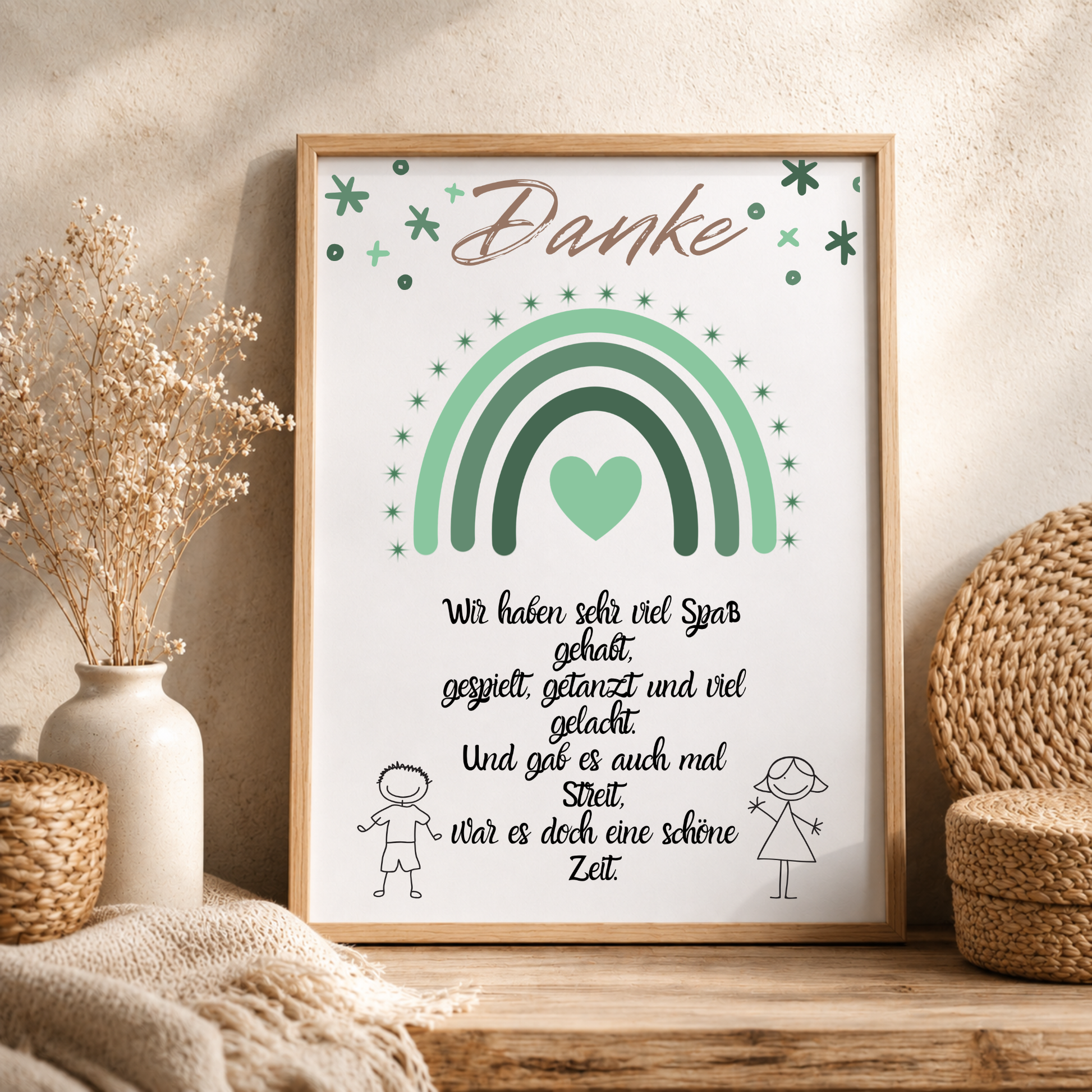Abschied Erzieherin Poster als Digital Download mit grünem Regenbogen, Herzmotiv und Danke Spruch im Boho Stil für Kindergarten Abschied Geschenk DIN A4 Printable