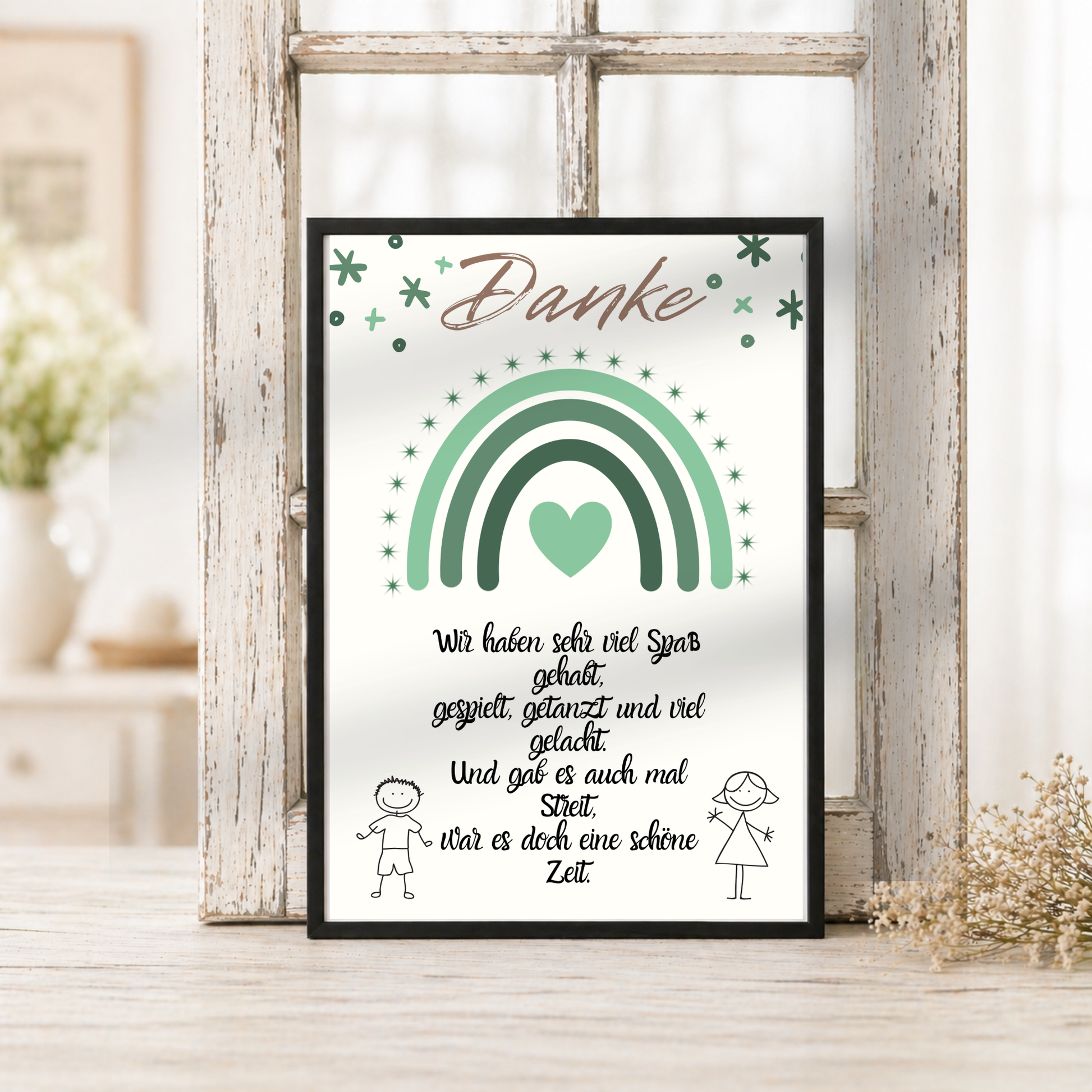 Abschied Erzieherin Poster als Digital Download mit grünem Regenbogen, Herzmotiv und Danke Spruch im Boho Stil für Kindergarten Abschied Geschenk DIN A4 Printable