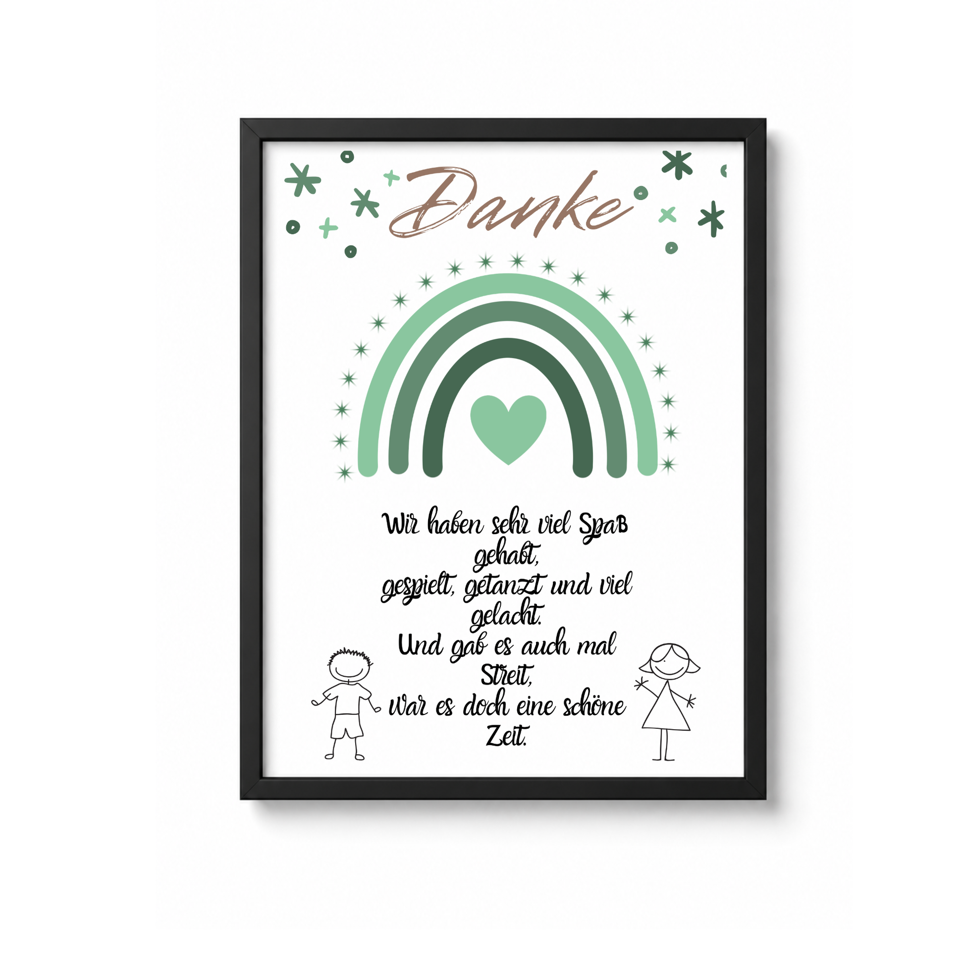 Abschied Erzieherin Poster als Digital Download mit grünem Regenbogen, Herzmotiv und Danke Spruch im Boho Stil für Kindergarten Abschied Geschenk DIN A4 Printable