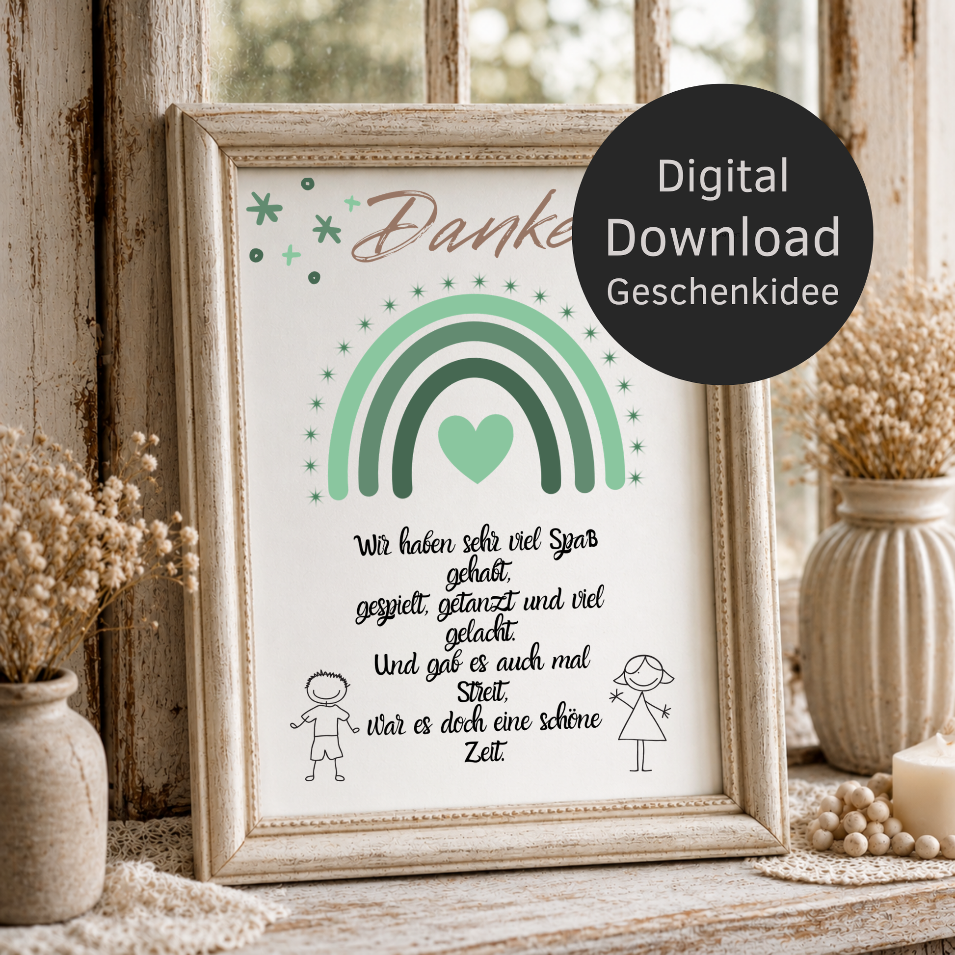 Abschied Erzieherin Poster als Digital Download mit grünem Regenbogen, Herzmotiv und Danke Spruch im Boho Stil für Kindergarten Abschied Geschenk DIN A4 Printable