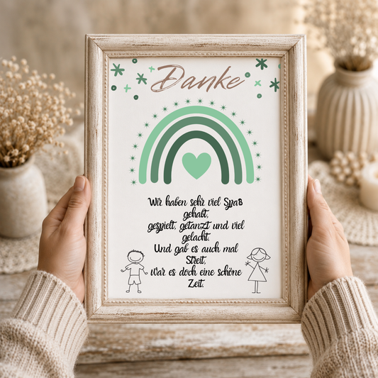 Abschied Erzieherin Poster als Digital Download mit grünem Regenbogen, Herzmotiv und Danke Spruch im Boho Stil für Kindergarten Abschied Geschenk DIN A4 Printable