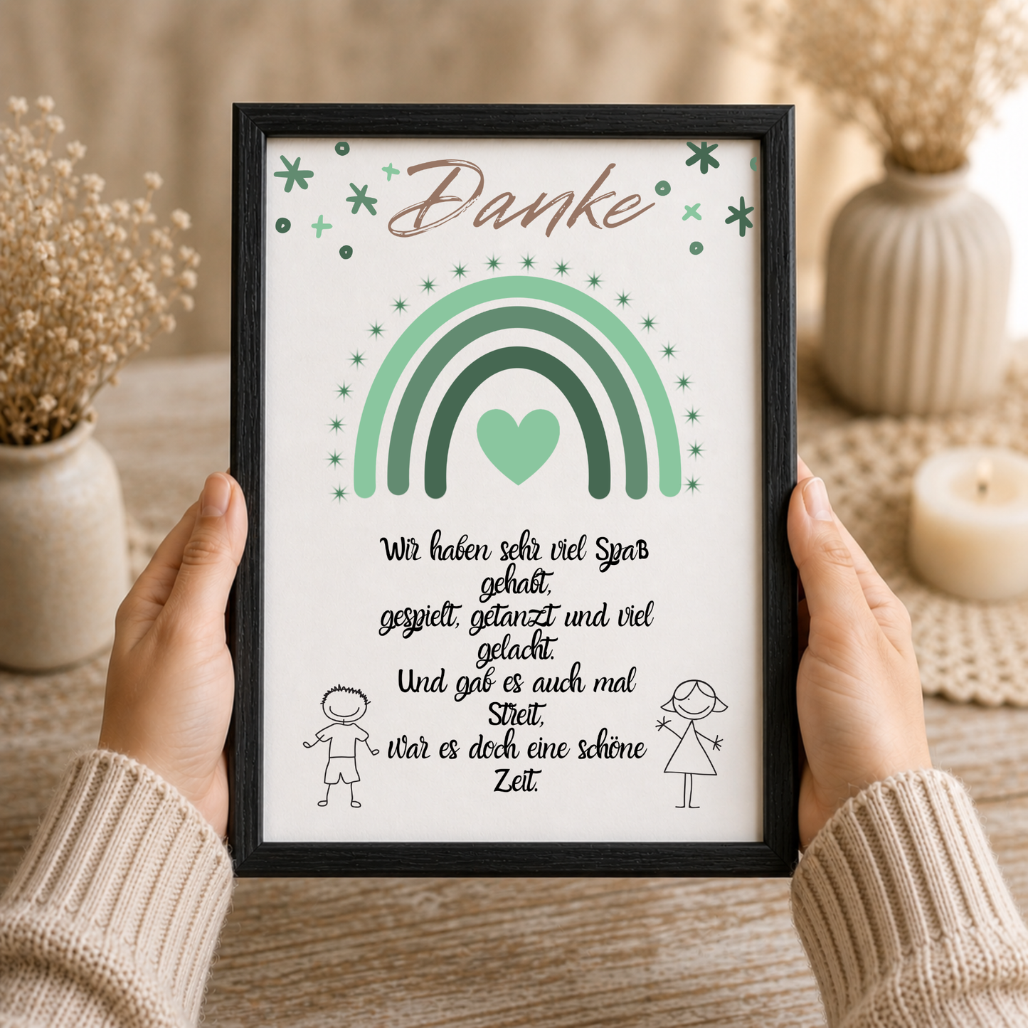 Abschied Erzieherin Poster als Digital Download mit grünem Regenbogen, Herzmotiv und Danke Spruch im Boho Stil für Kindergarten Abschied Geschenk DIN A4 Printable