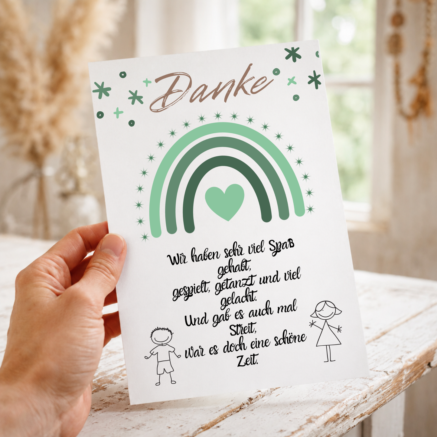 Abschied Erzieherin Poster als Digital Download mit grünem Regenbogen, Herzmotiv und Danke Spruch im Boho Stil für Kindergarten Abschied Geschenk DIN A4 Printable