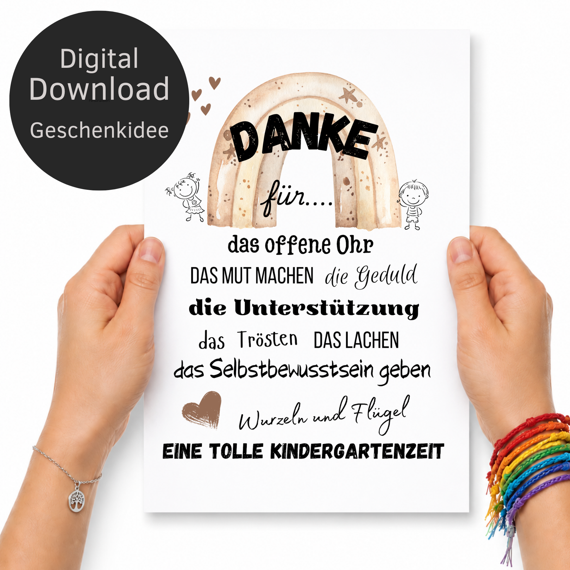 Abschied Erzieherin Poster mit Regenbogen im Boho Stil, Danke Kindergarten Printable als Digital Download zum Ausdrucken, Geschenkidee Kita Abschied DIN A4