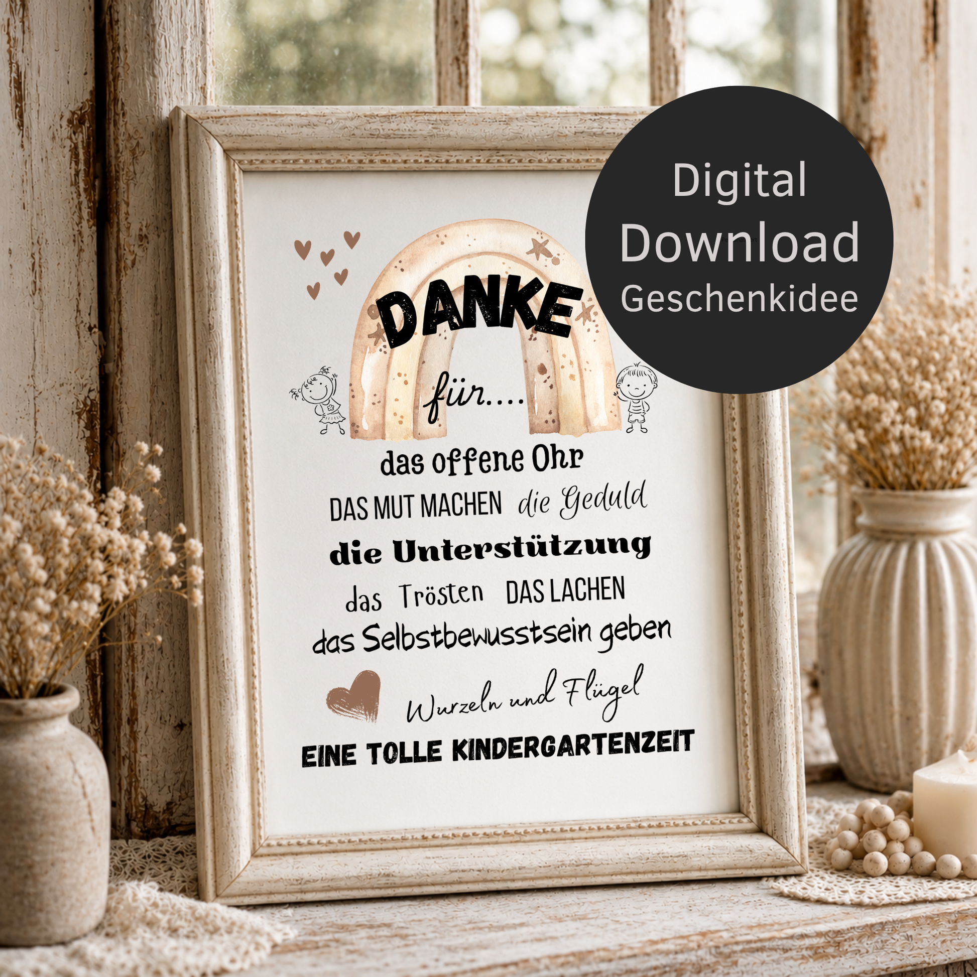 Abschied Erzieherin Poster mit Regenbogen im Boho Stil, Danke Kindergarten Printable als Digital Download zum Ausdrucken, Geschenkidee Kita Abschied DIN A4