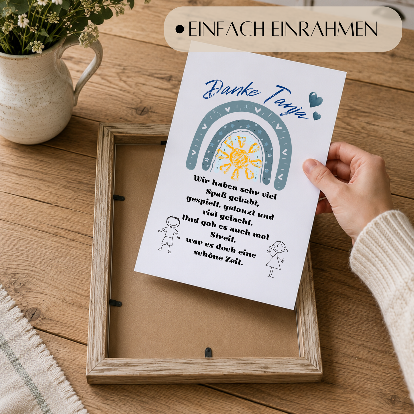 Personalisiertes Abschied Erzieherin Poster mit blauem Regenbogen, Sonne und Danke Schriftzug als Digital Download für Kindergarten und Kita