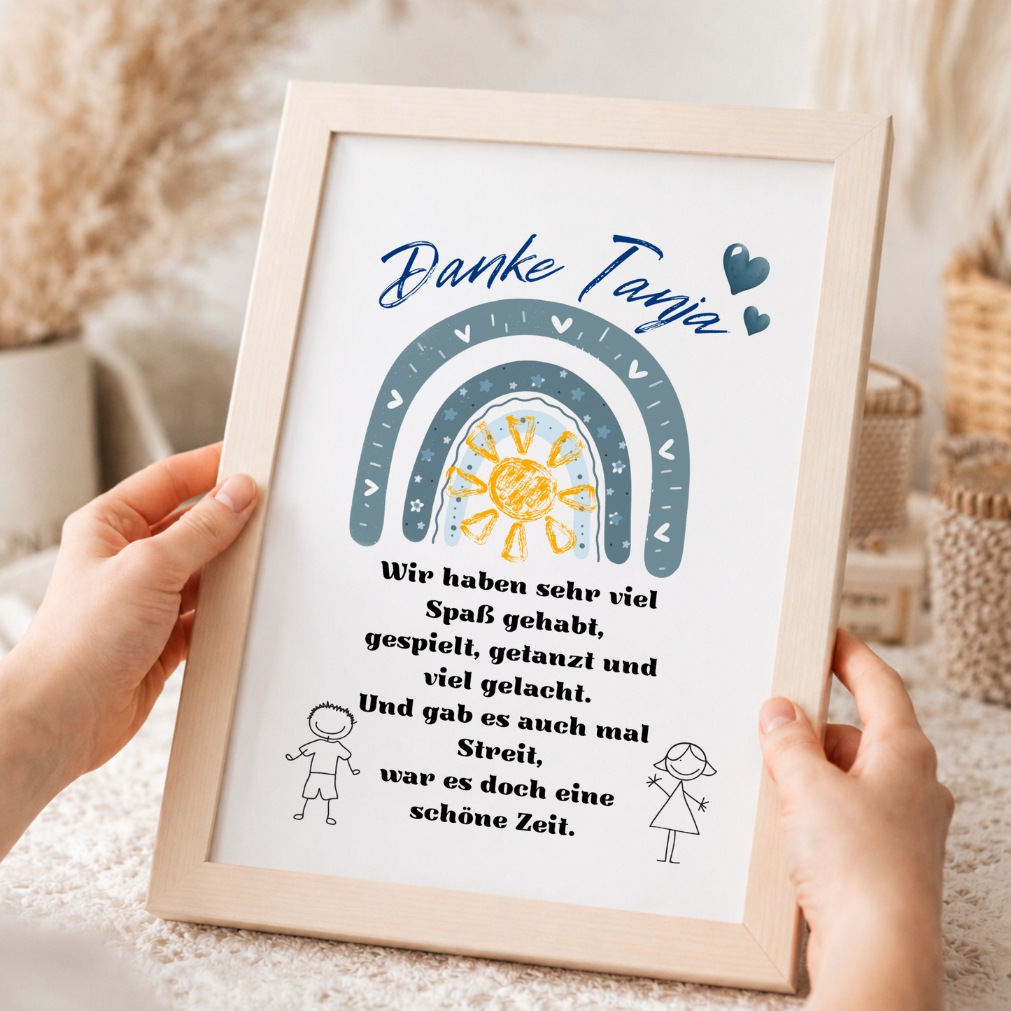 Personalisiertes Abschied Erzieherin Poster mit blauem Regenbogen, Sonne und Danke Schriftzug als Digital Download für Kindergarten und Kita