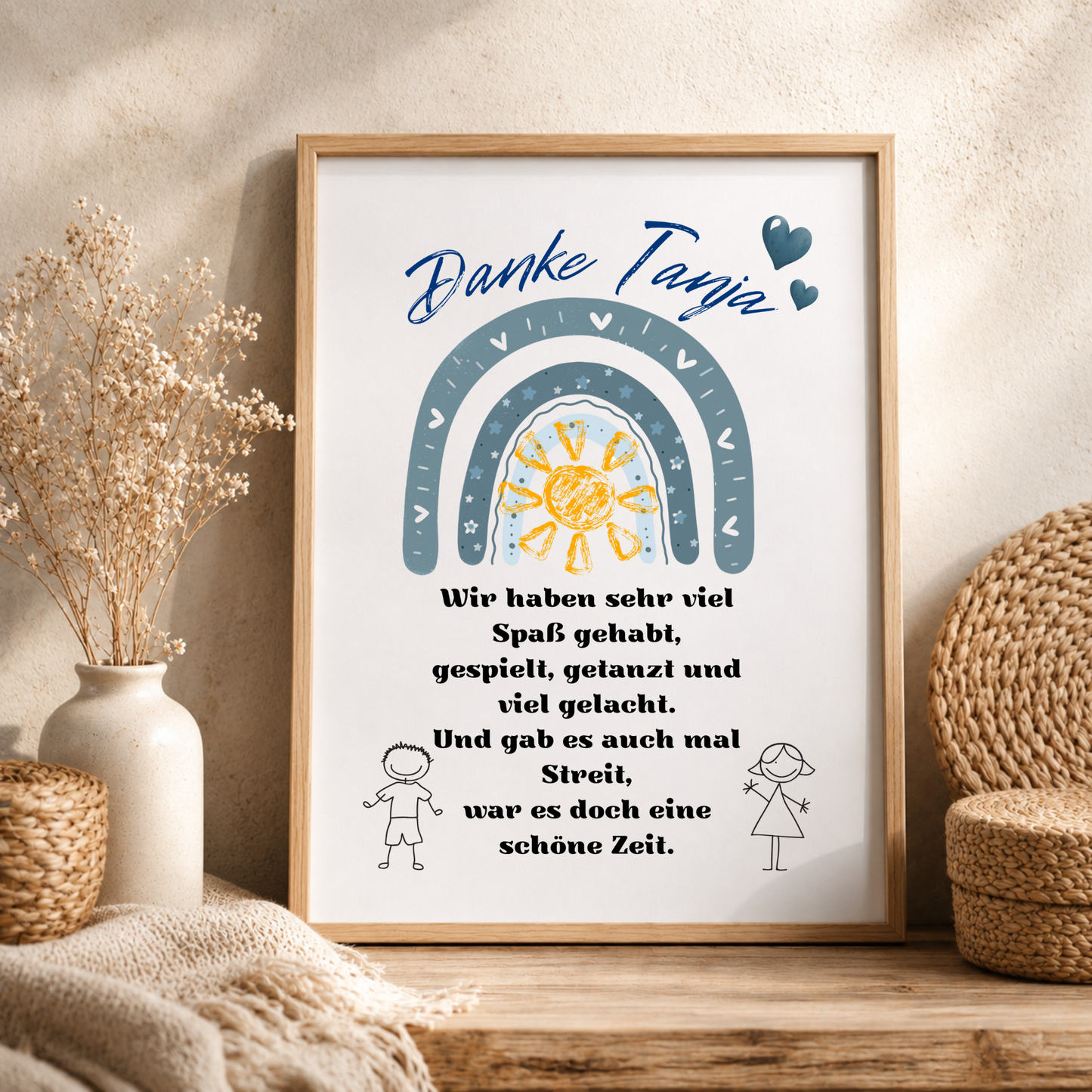 Personalisiertes Abschied Erzieherin Poster mit blauem Regenbogen, Sonne und Danke Schriftzug als Digital Download für Kindergarten und Kita