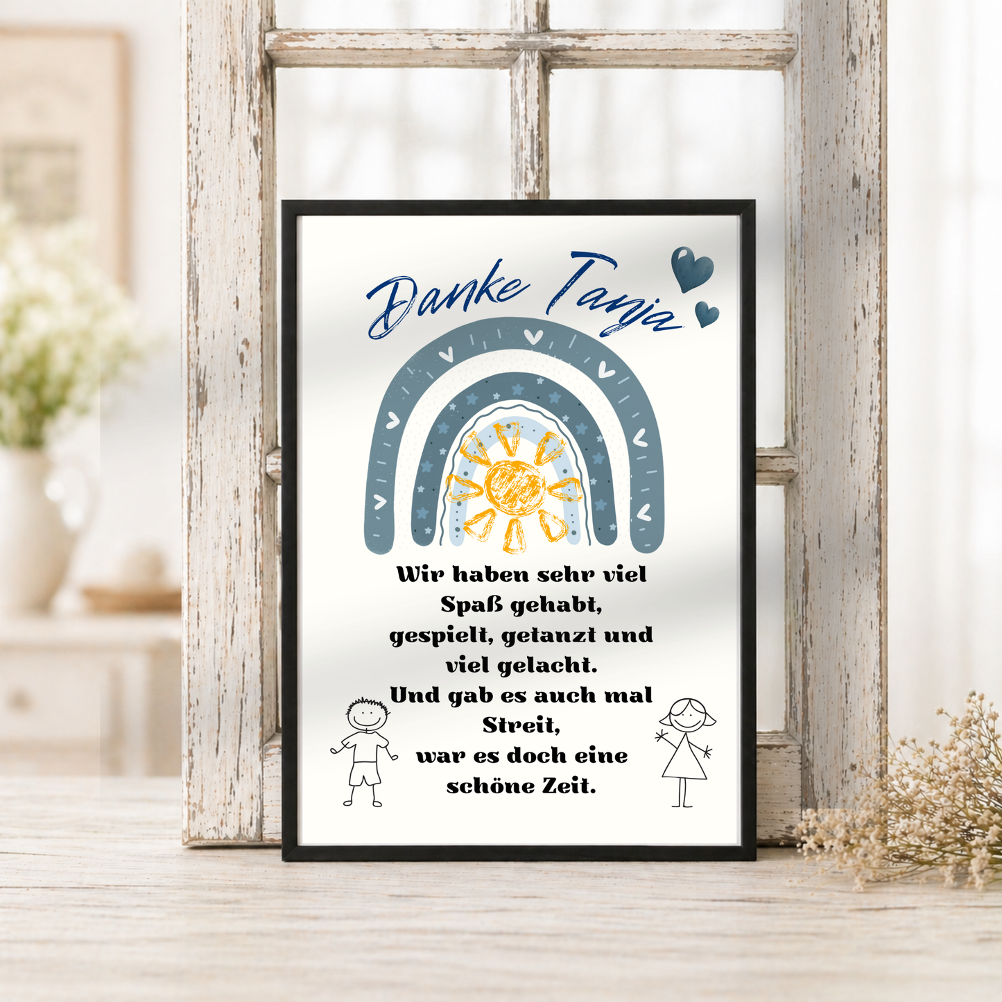Personalisiertes Abschied Erzieherin Poster mit blauem Regenbogen, Sonne und Danke Schriftzug als Digital Download für Kindergarten und Kita