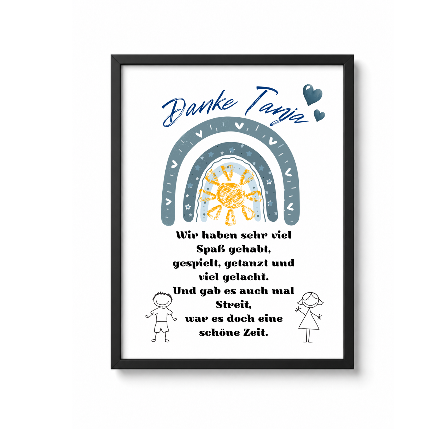 Personalisiertes Abschied Erzieherin Poster mit blauem Regenbogen, Sonne und Danke Schriftzug als Digital Download für Kindergarten und Kita