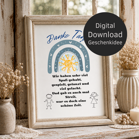 Personalisiertes Abschied Erzieherin Poster mit blauem Regenbogen, Sonne und Danke Schriftzug als Digital Download für Kindergarten und Kita