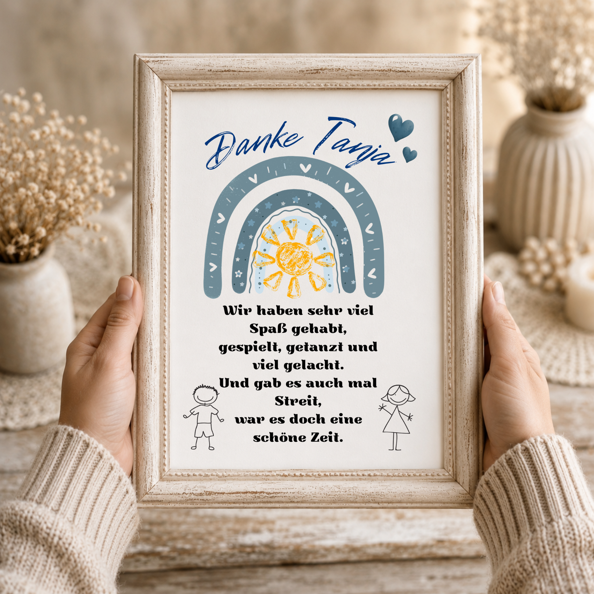 Personalisiertes Abschied Erzieherin Poster mit blauem Regenbogen, Sonne und Danke Schriftzug als Digital Download für Kindergarten und Kita