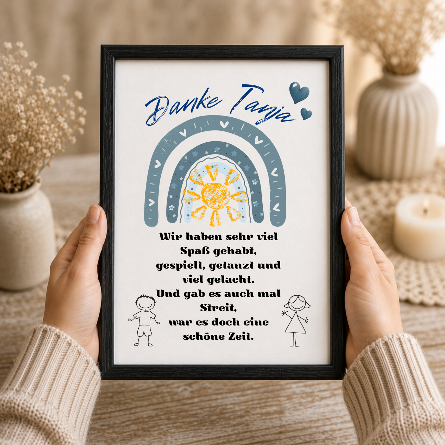 Personalisiertes Abschied Erzieherin Poster mit blauem Regenbogen, Sonne und Danke Schriftzug als Digital Download für Kindergarten und Kita