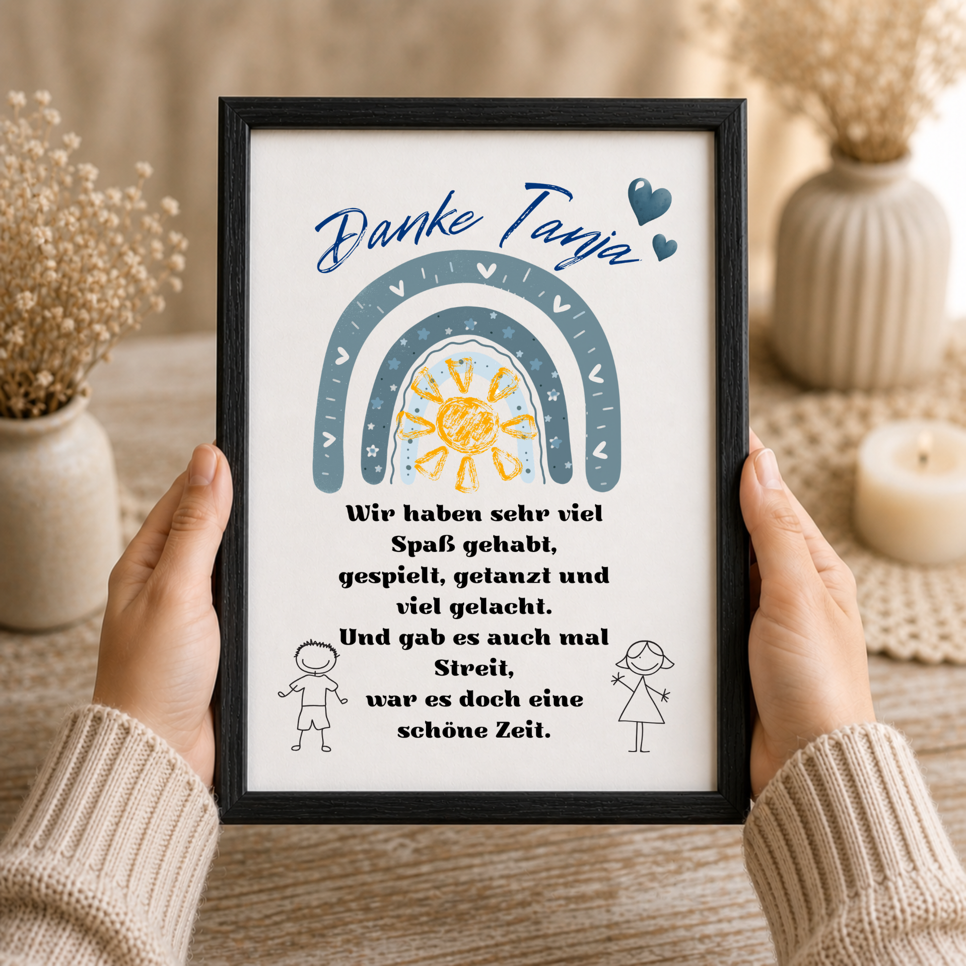 Personalisiertes Abschied Erzieherin Poster mit blauem Regenbogen, Sonne und Danke Schriftzug als Digital Download für Kindergarten und Kita