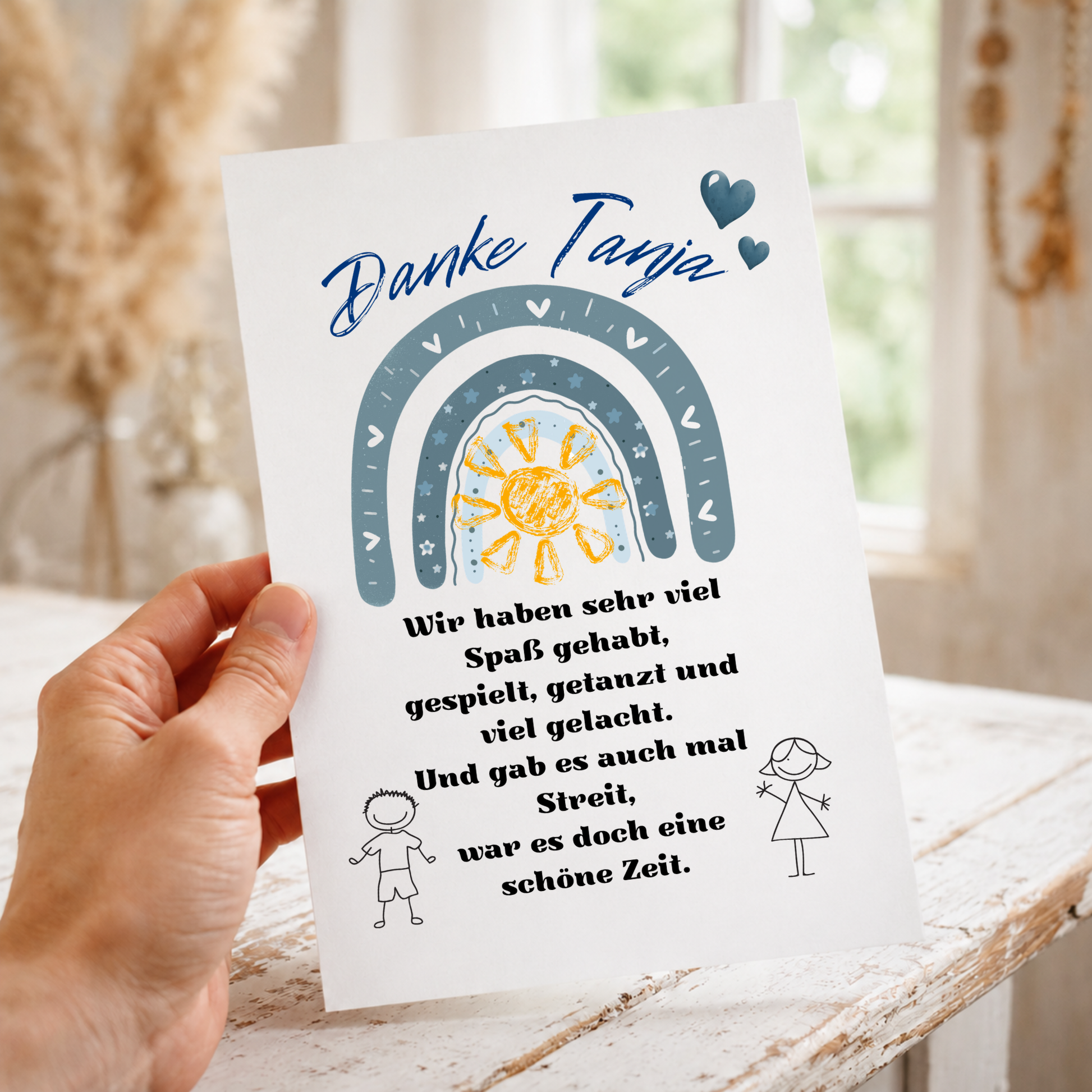 Personalisiertes Abschied Erzieherin Poster mit blauem Regenbogen, Sonne und Danke Schriftzug als Digital Download für Kindergarten und Kita