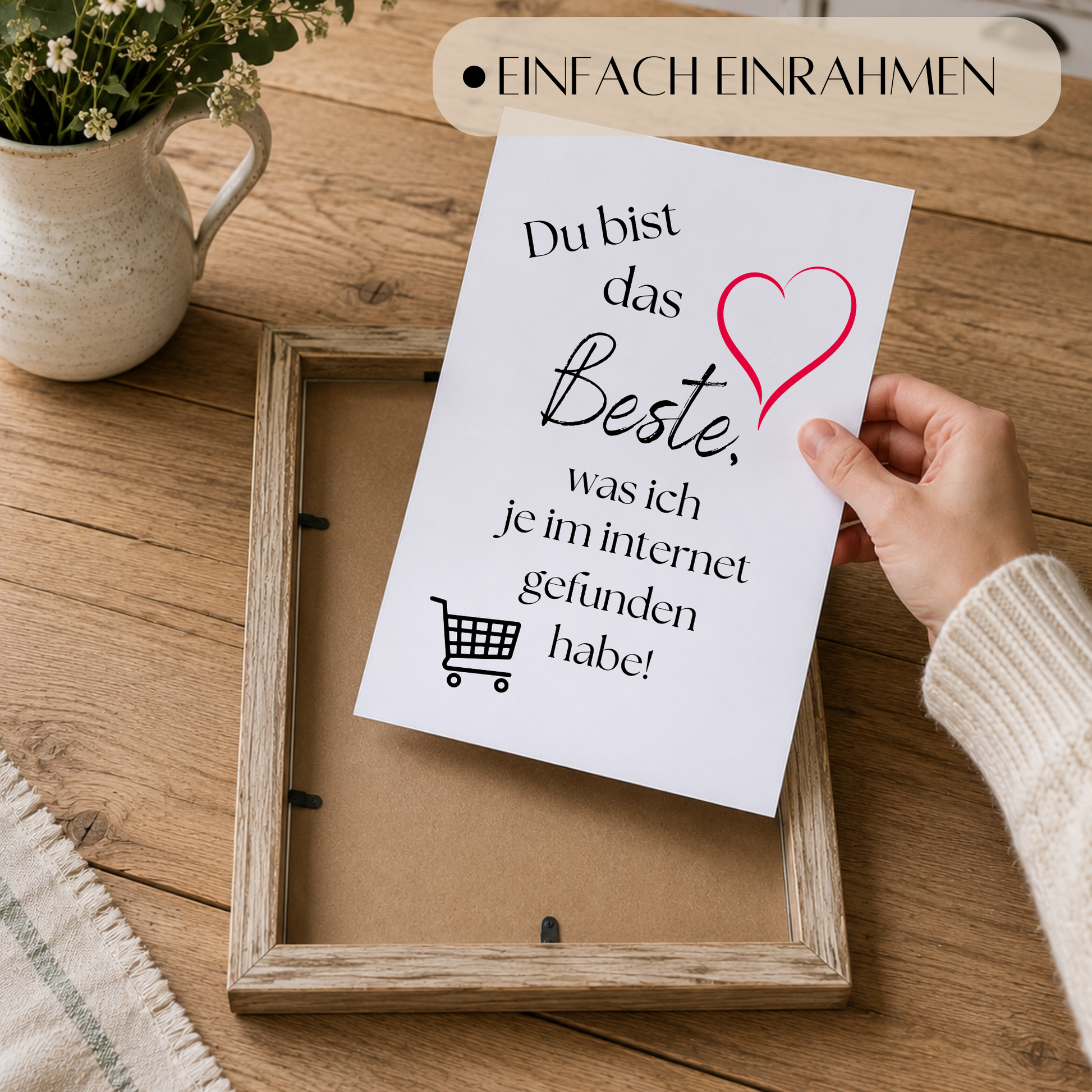Poster mit Spruch „Du bist das Beste, was ich im Internet gefunden habe“ mit rotem Herz und Einkaufswagen Symbol als Digital Download Printable im DIN A4 Format