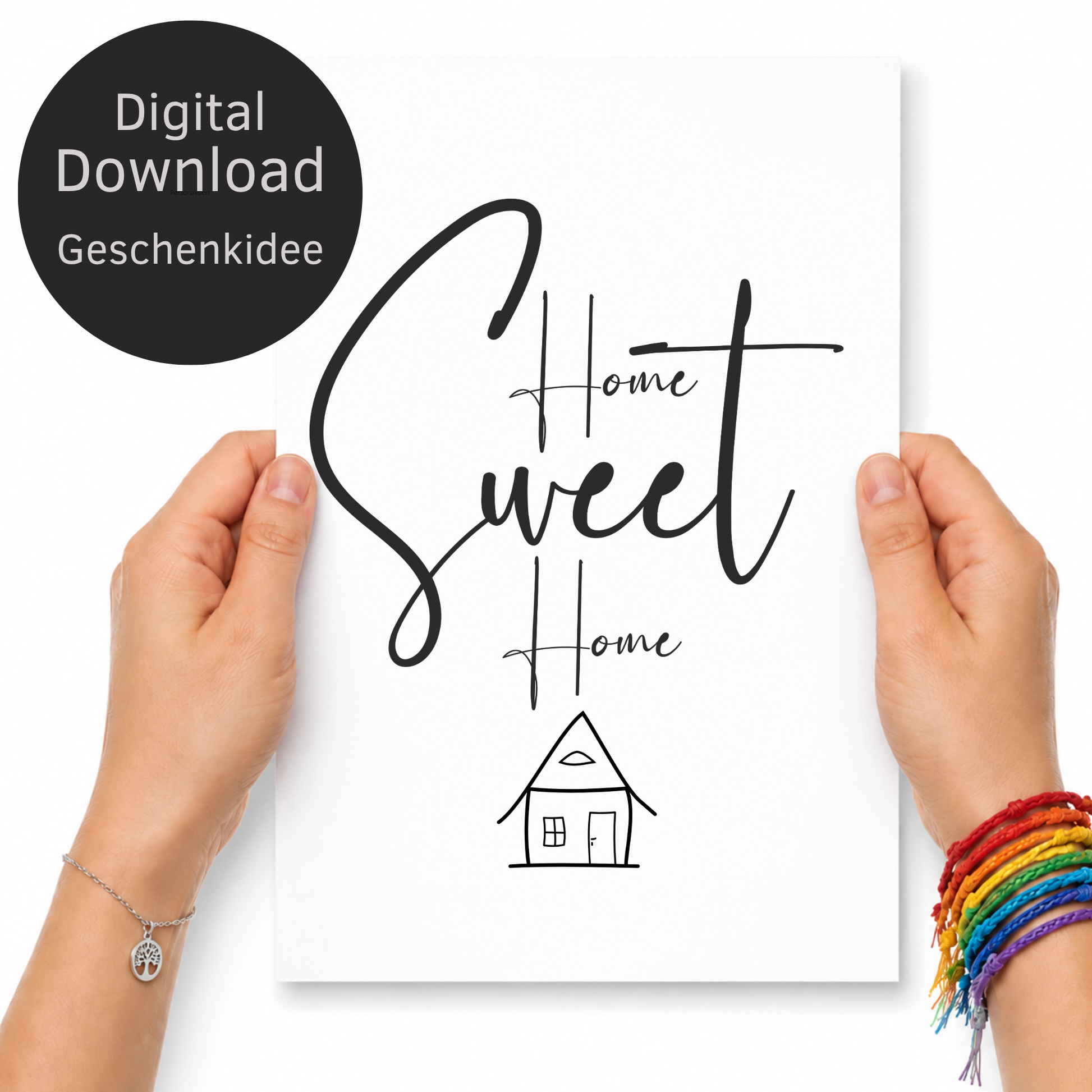 Poster Home Sweet Home Digital Download als Deko zum Einzug in das neue Eigenheim oder die erste eigene Wohnung, minimalistische Line-Art Haus-Zeichnung und Typografie in Schwarz-Weiß auf weißem Hintergrund, ausgedruckt in einem Holzrahmen gehalten.