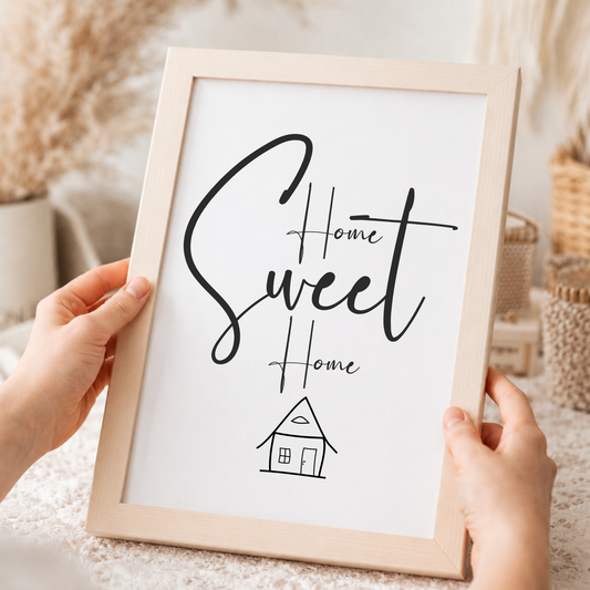 Poster Home Sweet Home Digital Download als Deko zum Einzug in das neue Eigenheim oder die erste eigene Wohnung, minimalistische Line-Art Haus-Zeichnung und Typografie in Schwarz-Weiß auf weißem Hintergrund, ausgedruckt in einem Holzrahmen gehalten.