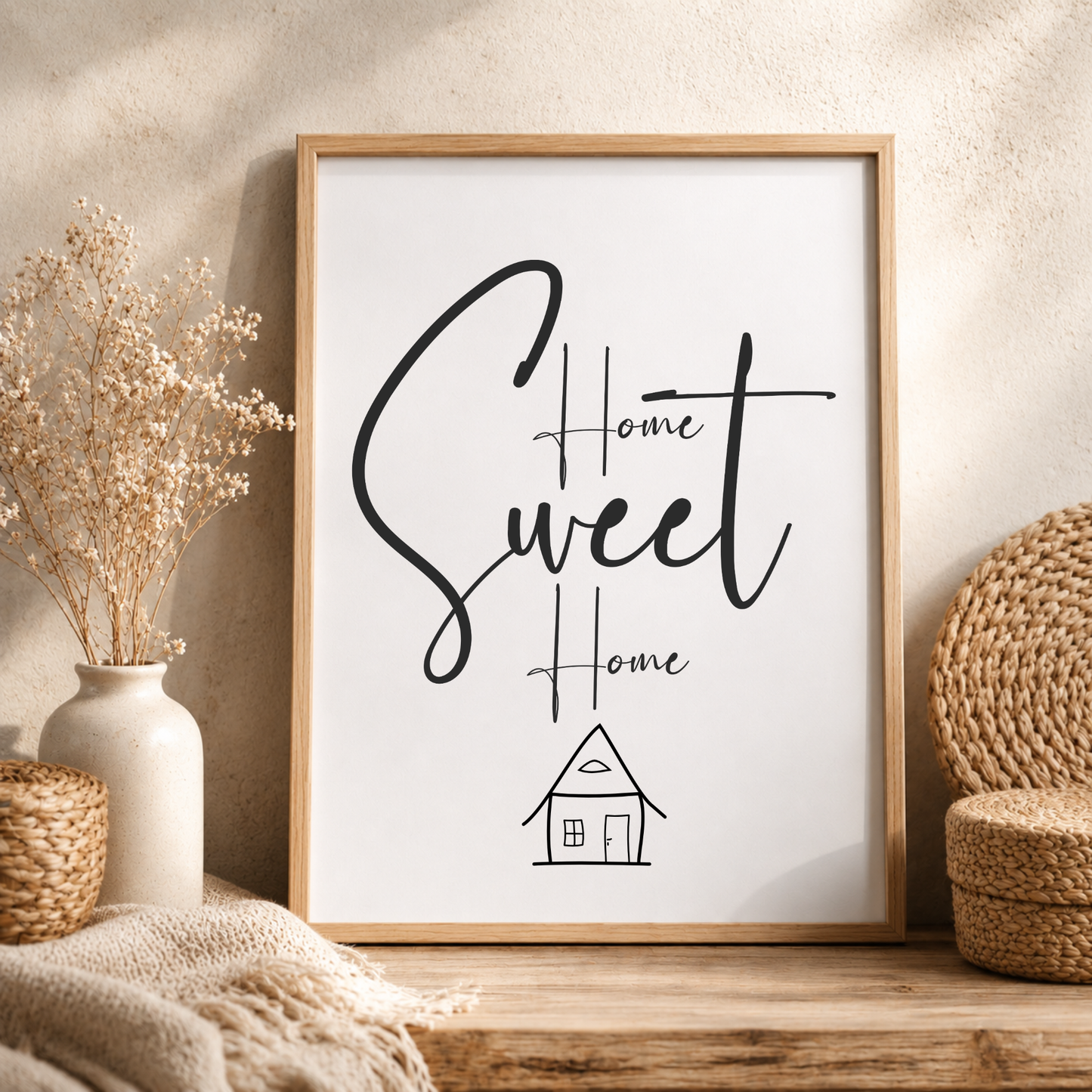 Poster Home Sweet Home Digital Download als Deko zum Einzug in das neue Eigenheim oder die erste eigene Wohnung, minimalistische Line-Art Haus-Zeichnung und Typografie in Schwarz-Weiß auf weißem Hintergrund, ausgedruckt in einem Holzrahmen gehalten.