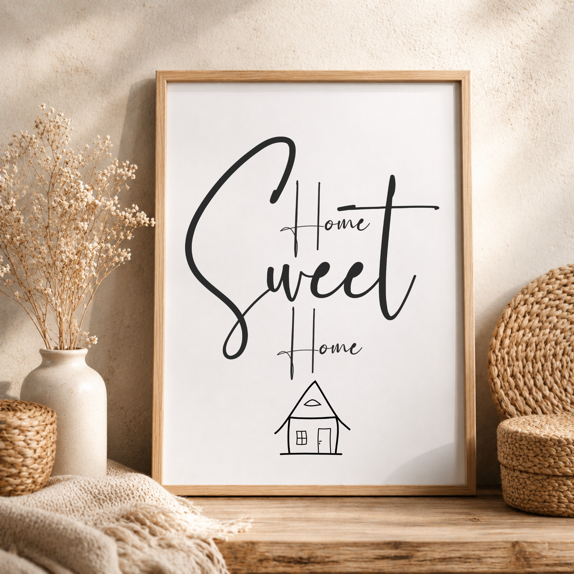 Poster Home Sweet Home Digital Download als Deko zum Einzug in das neue Eigenheim oder die erste eigene Wohnung, minimalistische Line-Art Haus-Zeichnung und Typografie in Schwarz-Weiß auf weißem Hintergrund, ausgedruckt in einem Holzrahmen gehalten.