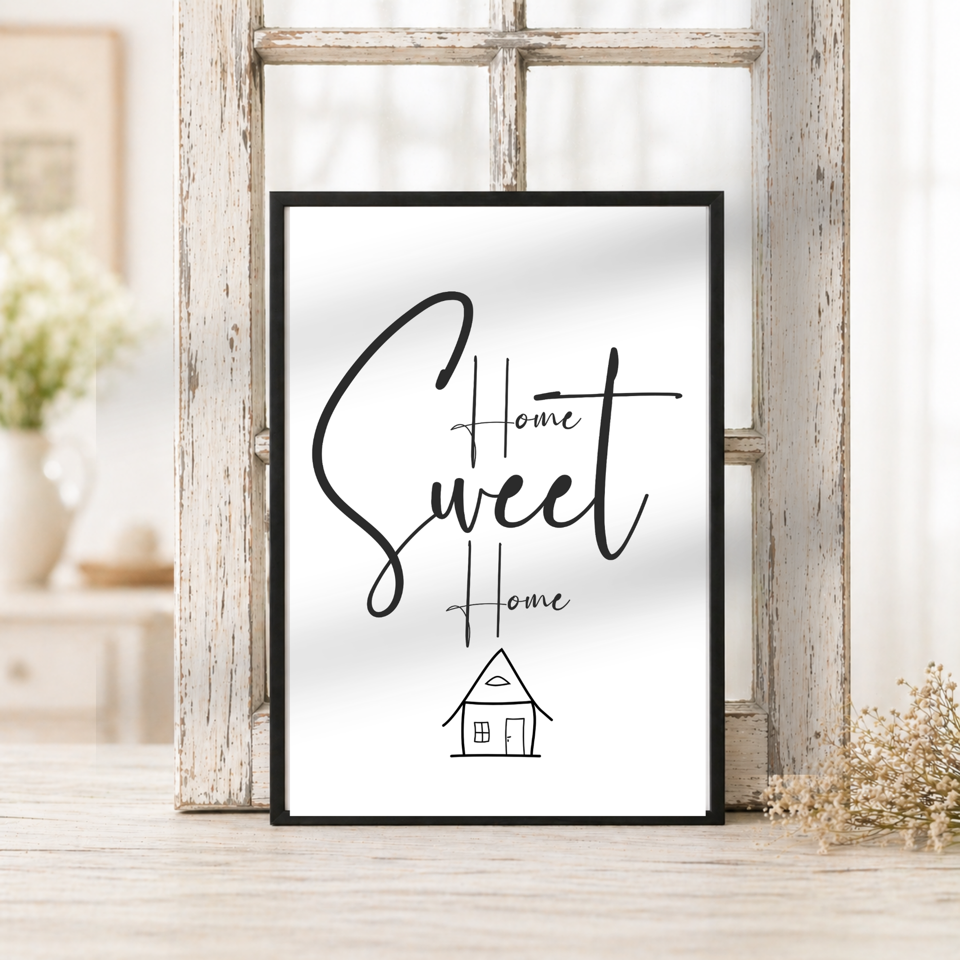 Poster Home Sweet Home Digital Download als Deko zum Einzug in das neue Eigenheim oder die erste eigene Wohnung, minimalistische Line-Art Haus-Zeichnung und Typografie in Schwarz-Weiß auf weißem Hintergrund, ausgedruckt in einem Holzrahmen gehalten.