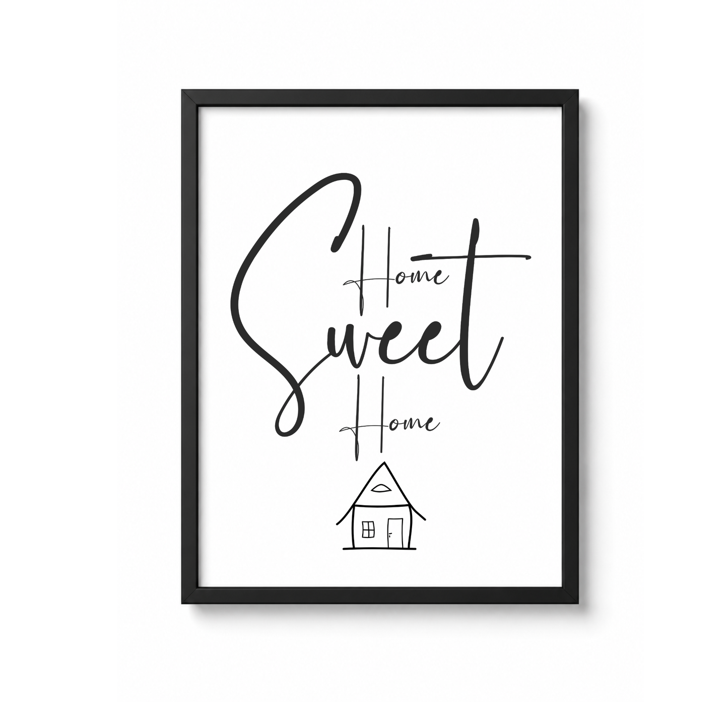 Poster Home Sweet Home Digital Download als Deko zum Einzug in das neue Eigenheim oder die erste eigene Wohnung, minimalistische Line-Art Haus-Zeichnung und Typografie in Schwarz-Weiß auf weißem Hintergrund, ausgedruckt in einem Holzrahmen gehalten.