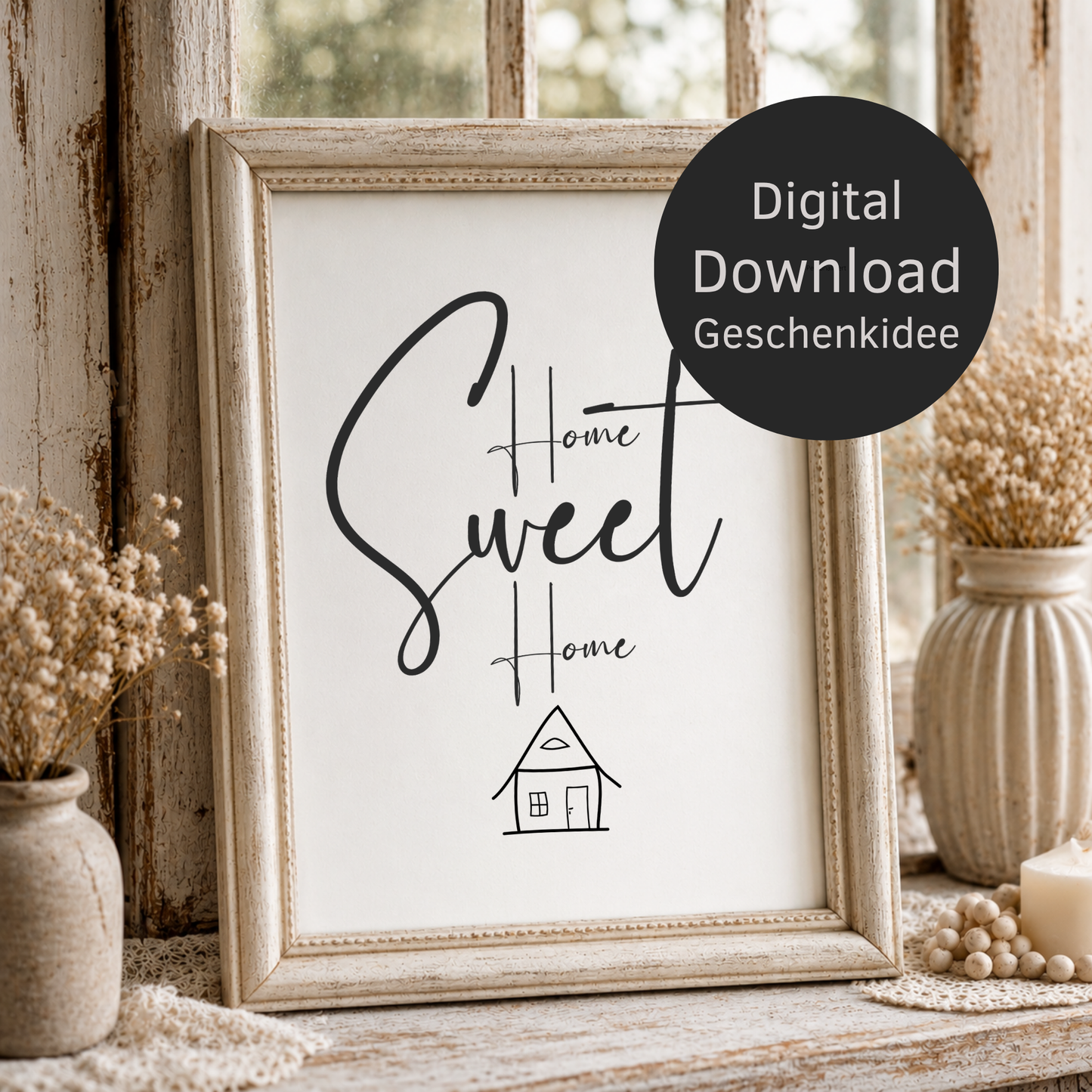 Poster Home Sweet Home Digital Download als Deko zum Einzug in das neue Eigenheim oder die erste eigene Wohnung, minimalistische Line-Art Haus-Zeichnung und Typografie in Schwarz-Weiß auf weißem Hintergrund, ausgedruckt in einem Holzrahmen gehalten.