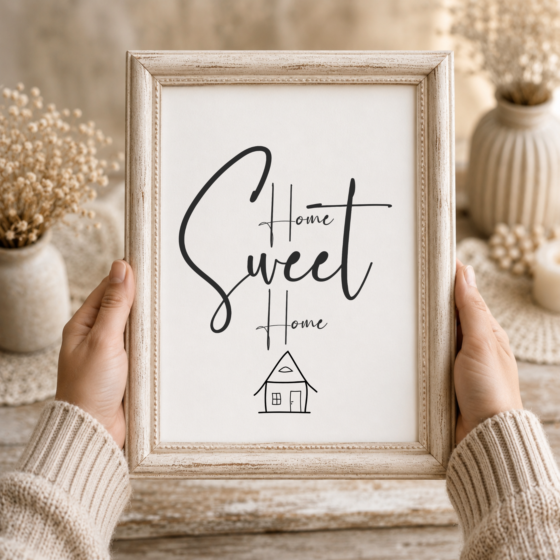Poster Home Sweet Home Digital Download als Deko zum Einzug in das neue Eigenheim oder die erste eigene Wohnung, minimalistische Line-Art Haus-Zeichnung und Typografie in Schwarz-Weiß auf weißem Hintergrund, ausgedruckt in einem Holzrahmen gehalten.