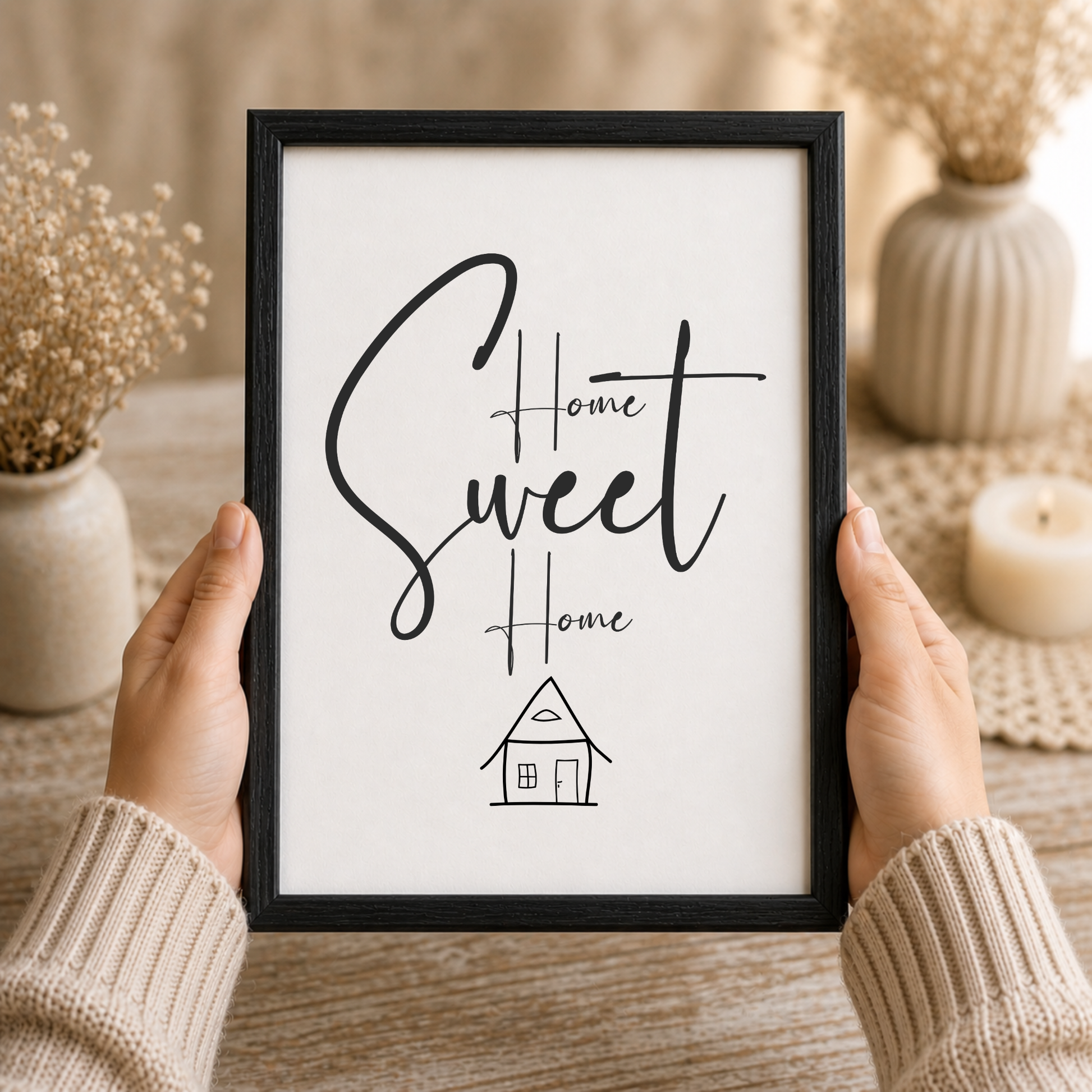 Poster Home Sweet Home Digital Download als Deko zum Einzug in das neue Eigenheim oder die erste eigene Wohnung, minimalistische Line-Art Haus-Zeichnung und Typografie in Schwarz-Weiß auf weißem Hintergrund, ausgedruckt in einem Holzrahmen gehalten.