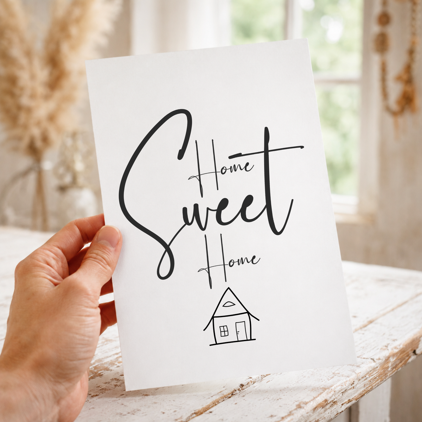 Poster Home Sweet Home Digital Download als Deko zum Einzug in das neue Eigenheim oder die erste eigene Wohnung, minimalistische Line-Art Haus-Zeichnung und Typografie in Schwarz-Weiß auf weißem Hintergrund, ausgedruckt in einem Holzrahmen gehalten.